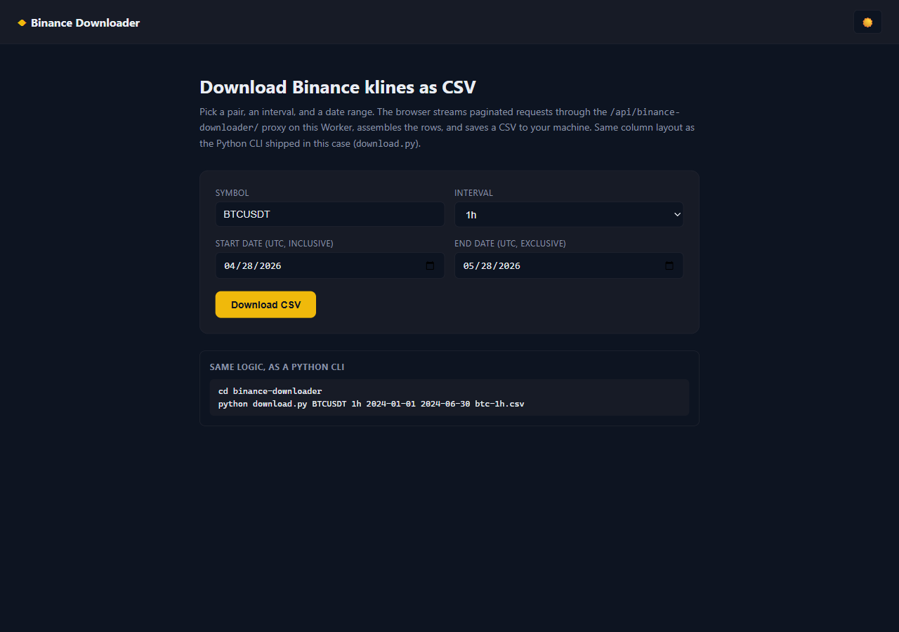 The binance-downloader demo's form